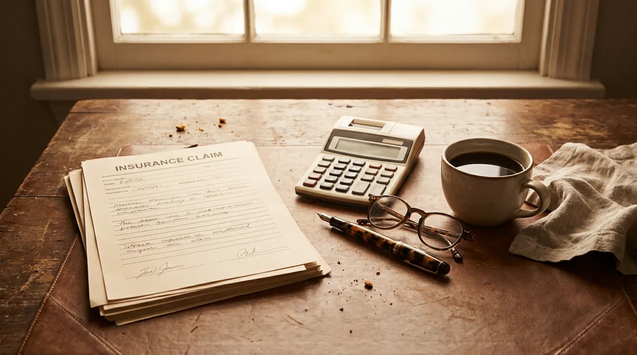 Insurance claim form, calculator and reading glasses on a desk — valuing a Florida car accident claim