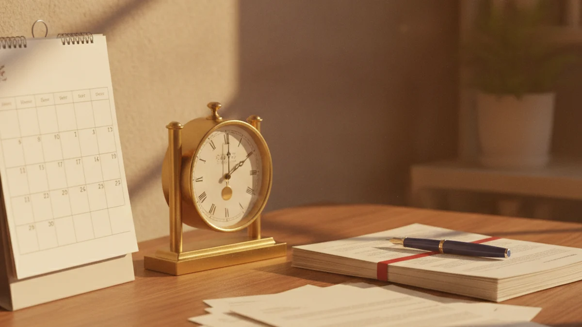 Calendar and clock beside legal documents on a desk