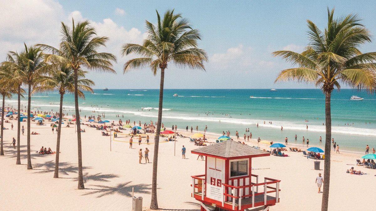 Busy Fort Lauderdale beach with palm trees on a sunny spring day