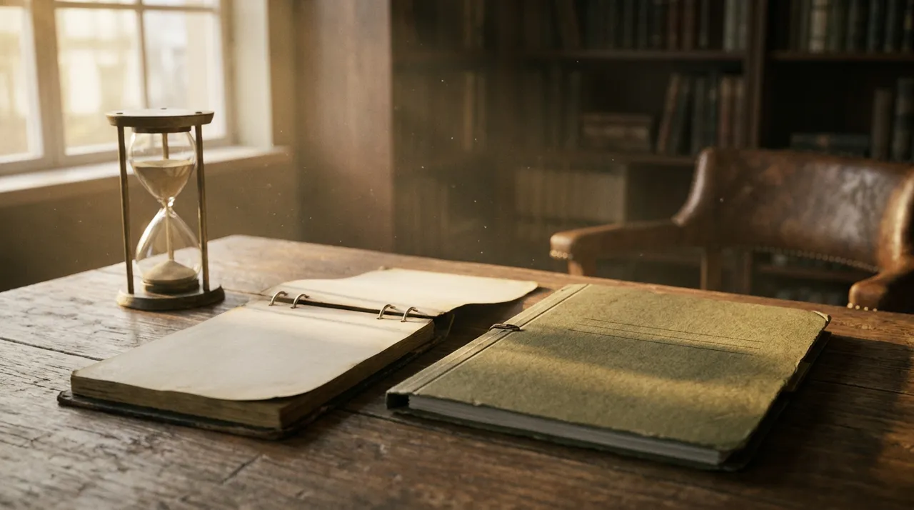 An hourglass, calendar and legal file folder on a desk