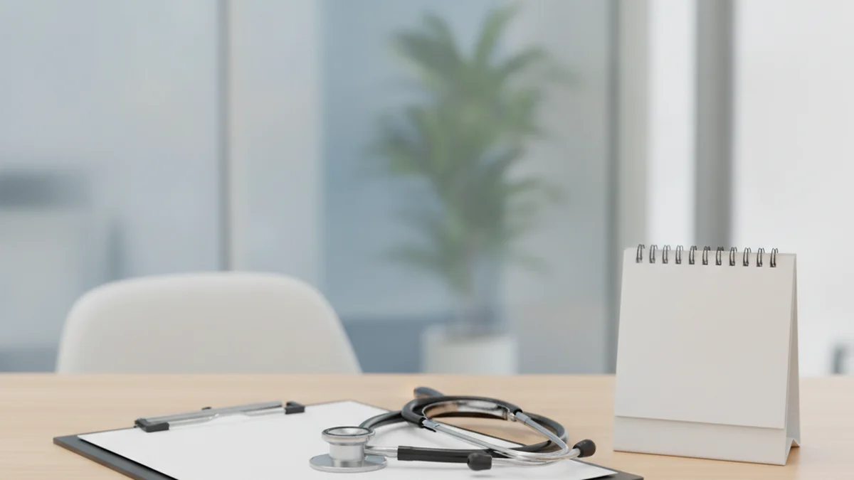 Medical clipboard, stethoscope and a calendar on a clinic desk