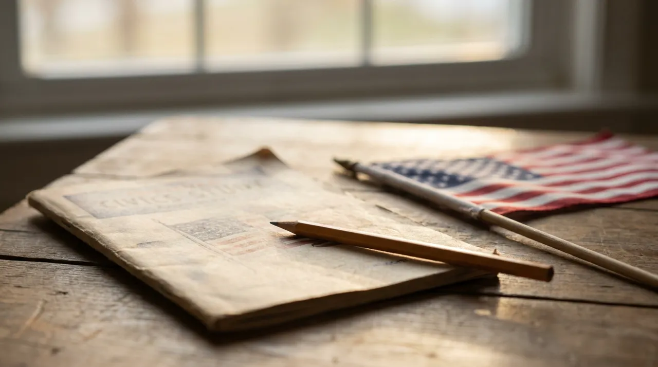 A civics study booklet, pencil and small American flag on a table