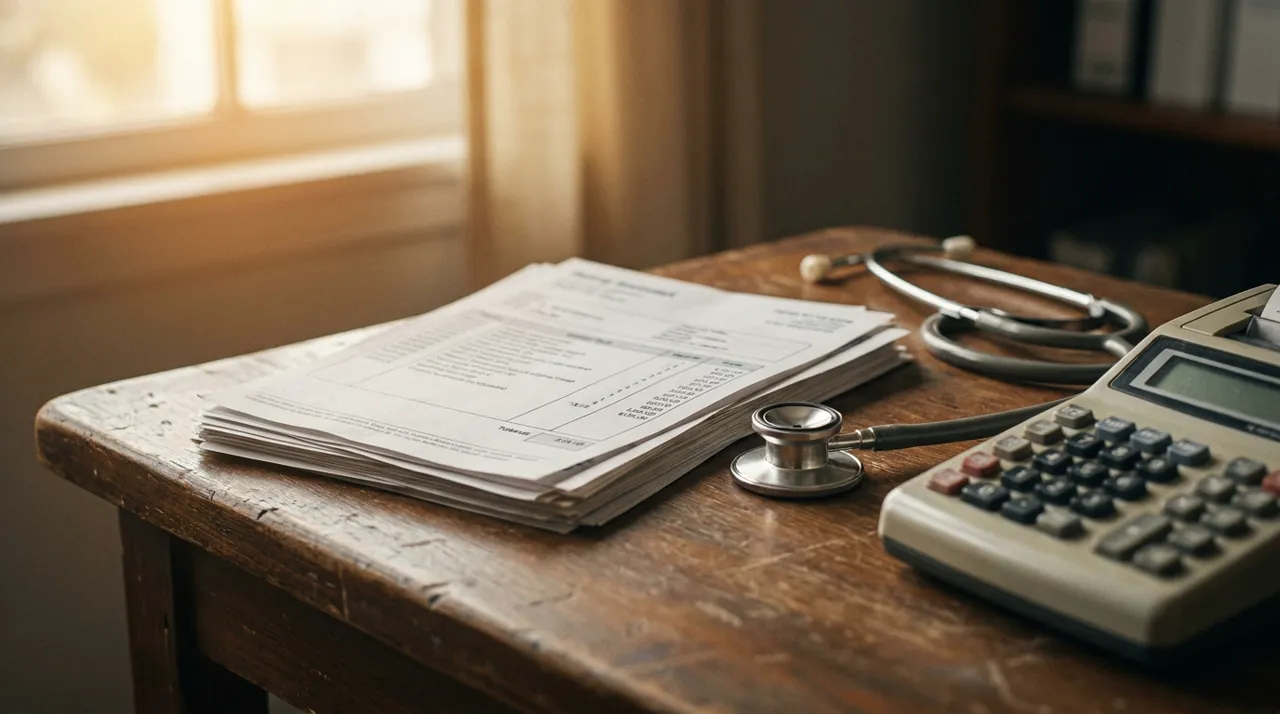 Medical billing statements, a stethoscope and a calculator on a desk
