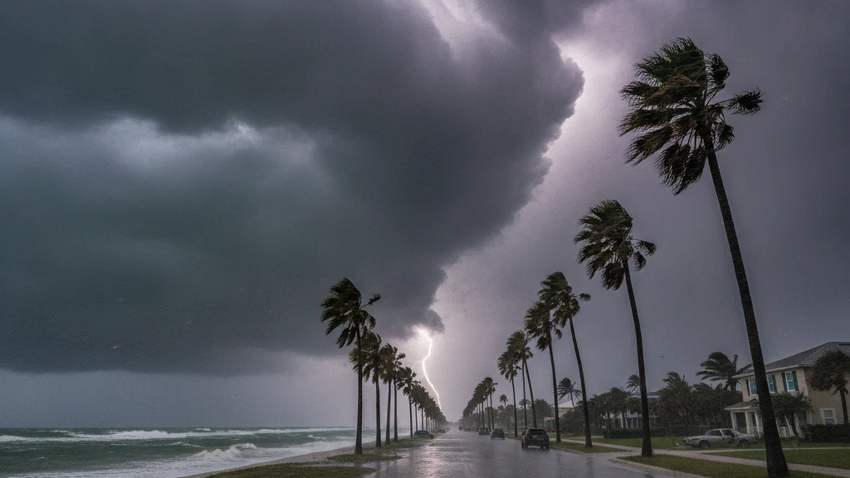 Palm trees bending in storm winds on a Florida coast before a hurricane