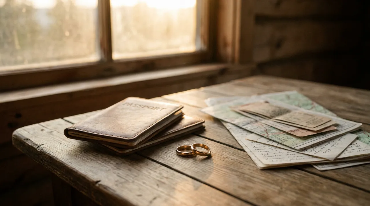 Two passports, wedding rings and travel documents on a table