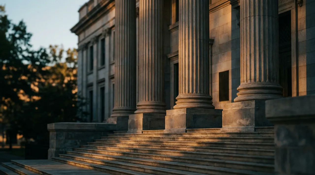 A classic courthouse with tall columns at golden hour