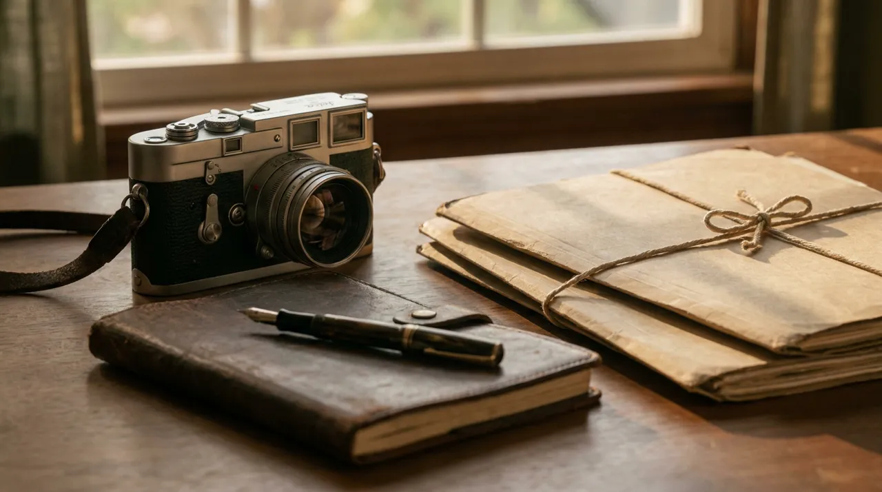 A vintage camera, notepad and document folders on a desk