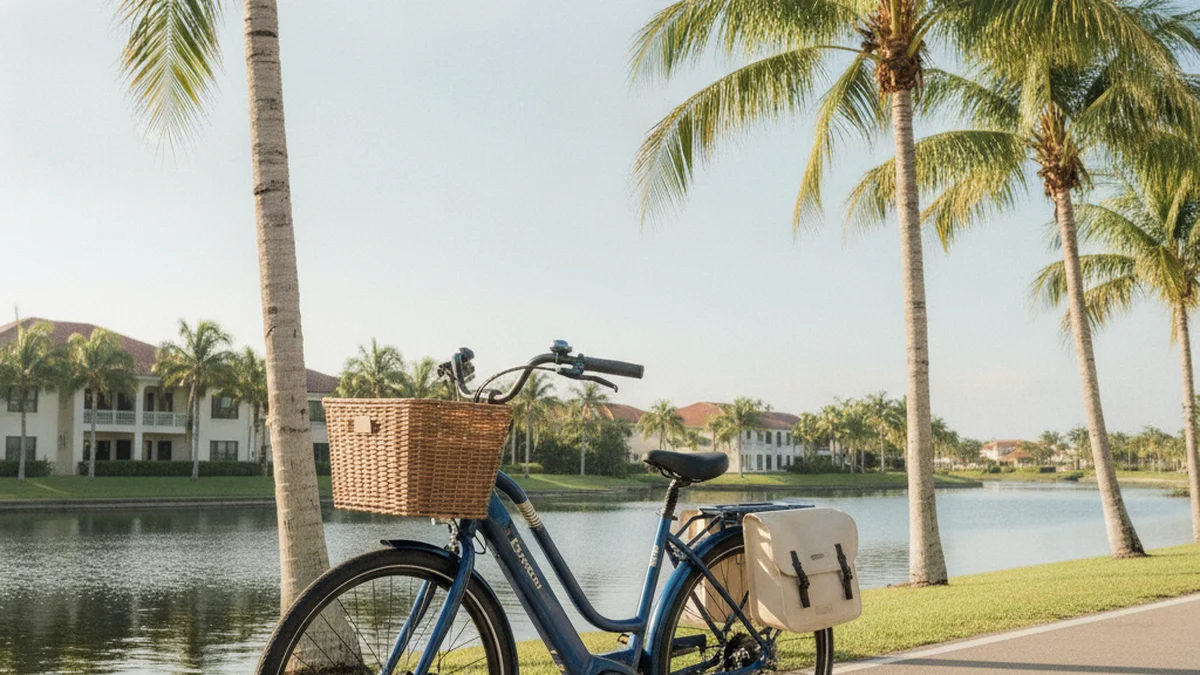 Electric bicycle parked on a sunny Florida waterfront path lined with palms