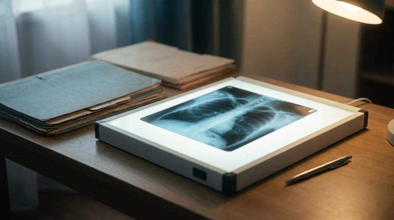 Medical record folders and an X-ray film on a light box