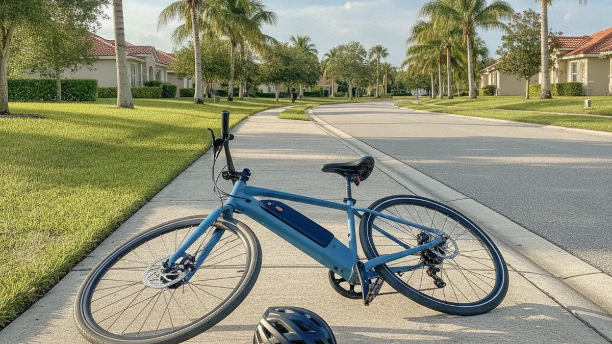 Electric bicycle on the ground beside a Florida sidewalk after a crash