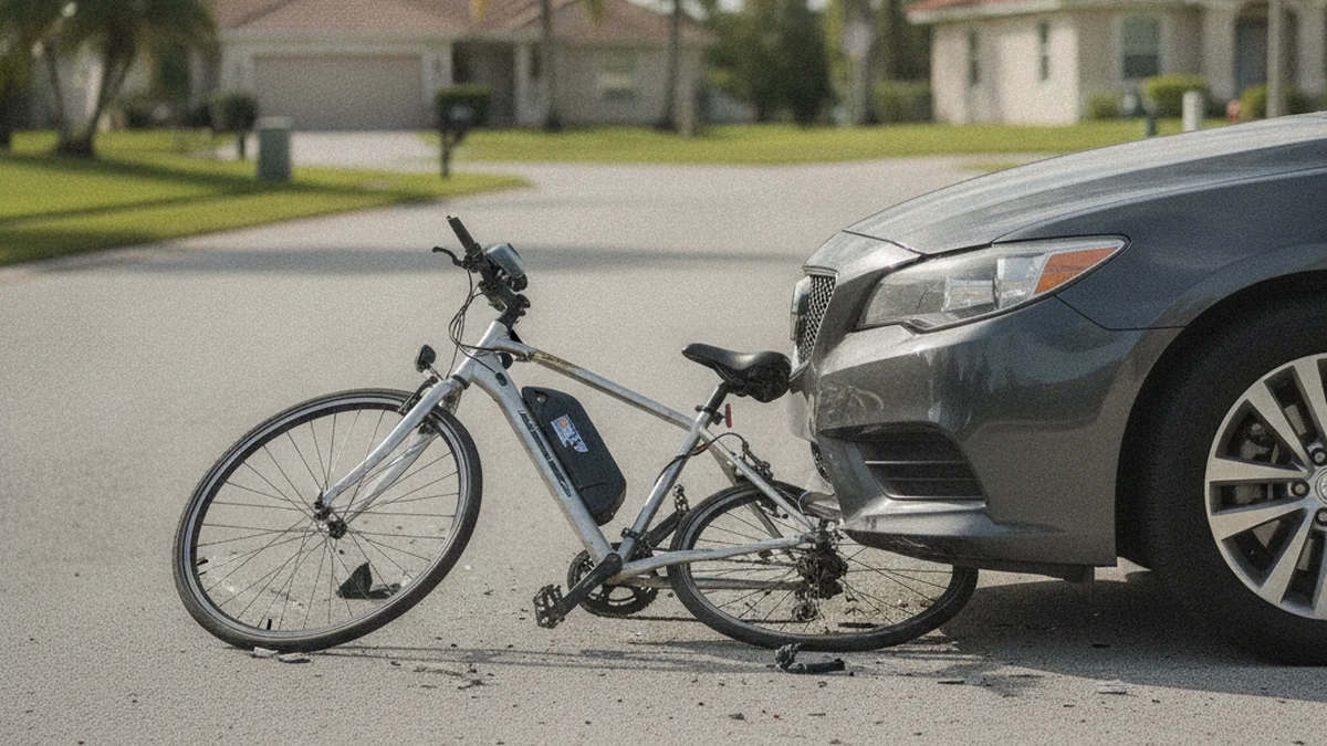 Electric bicycle down beside a car after a collision on a Florida street