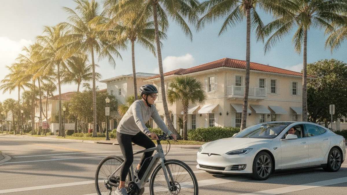 Cyclist riding an electric bicycle through a Florida intersection as a car waits