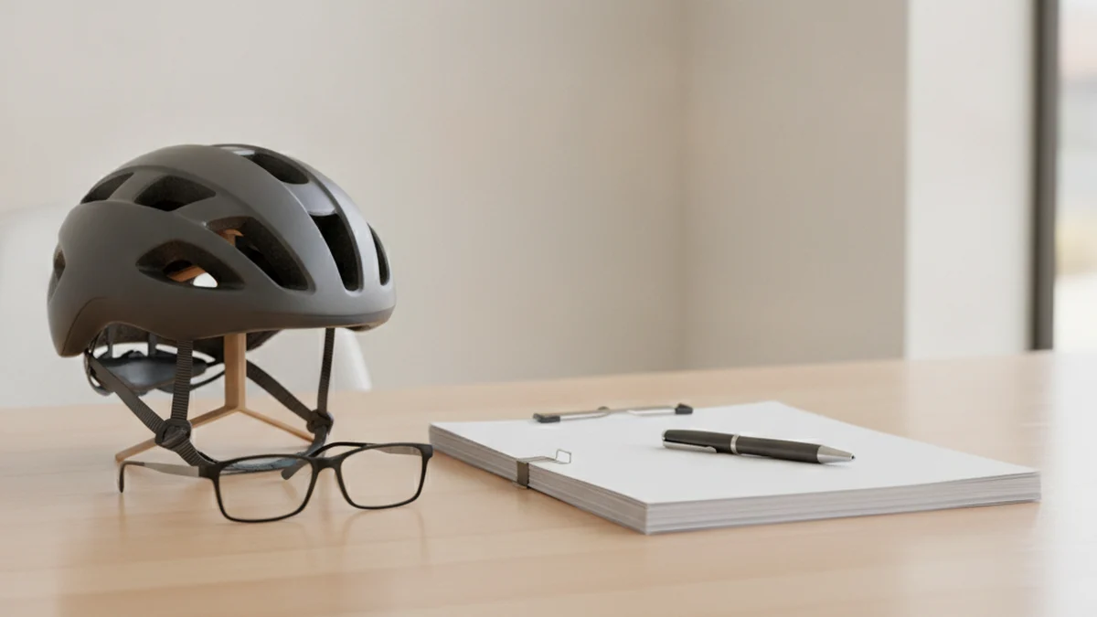 Bicycle helmet, eyeglasses and insurance paperwork on a desk