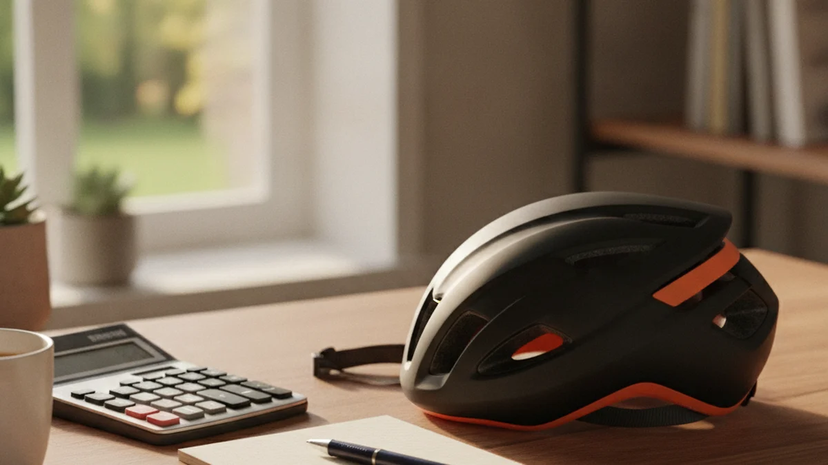 Calculator, notepad and a bicycle helmet on a desk
