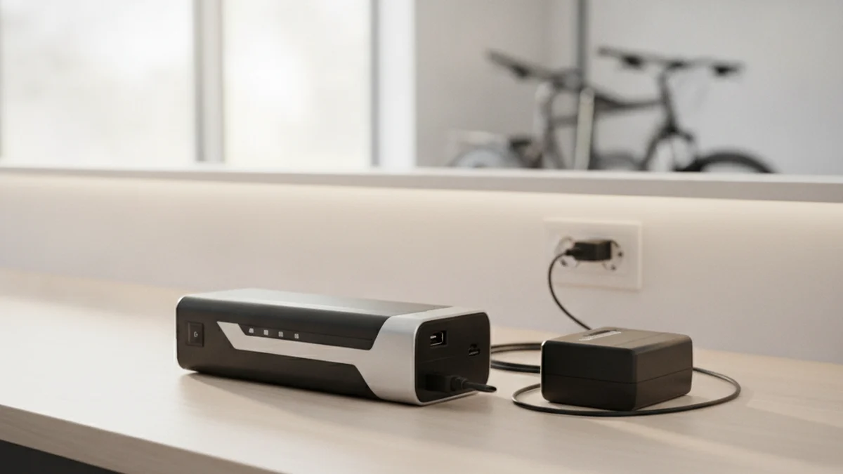 Electric bicycle lithium battery pack and charger on a workbench