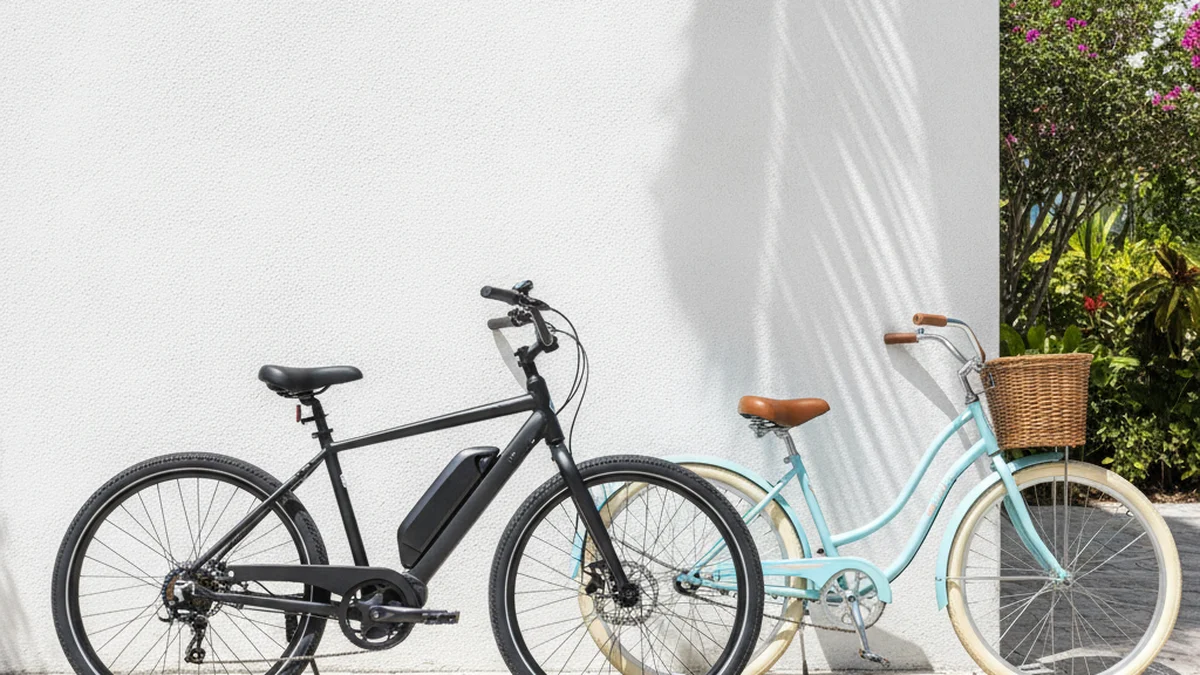 An electric bicycle and a classic bicycle parked side by side in Florida