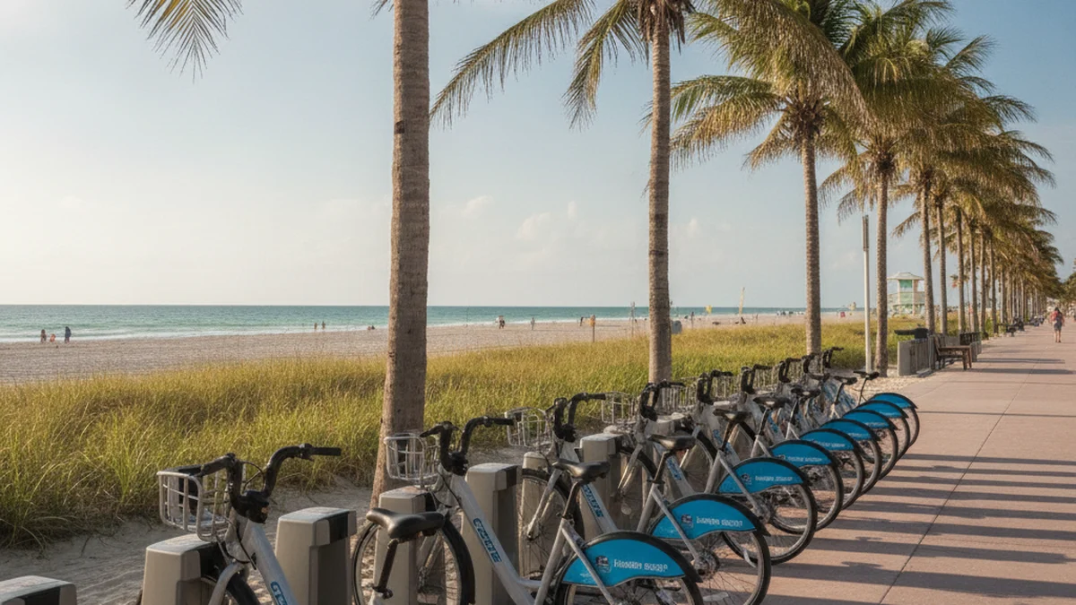 Row of rental electric bicycles docked on a sunny Florida beach promenade