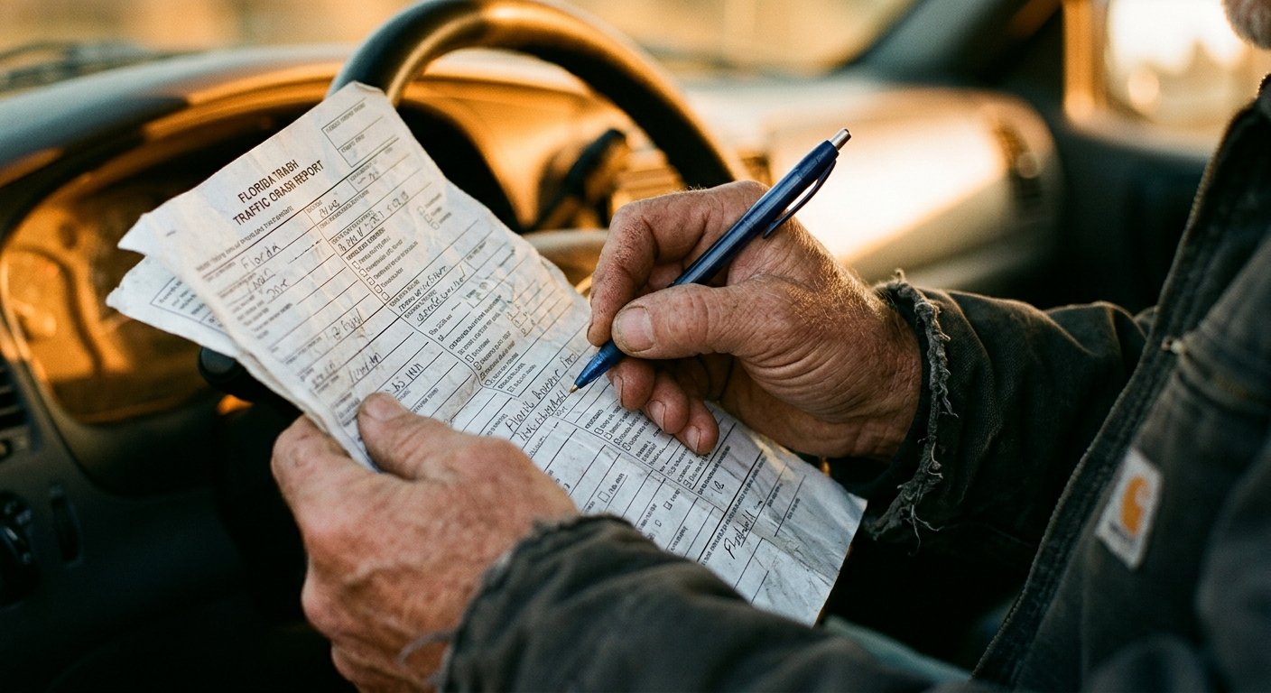 Close-up of hands holding a crumpled police accident report with a pen resting across it, shot in warm late-afternoon light