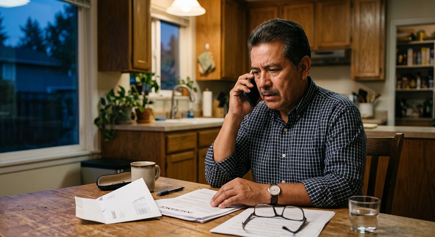 Hispanic man at kitchen table reviewing insurance papers while talking on phone, evening indoor light