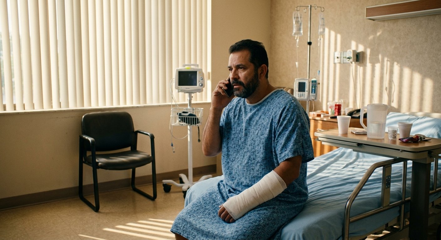 Injured man in hospital gown sits on recovery room bed, speaking on phone with a bandaged arm, afternoon light through blinds