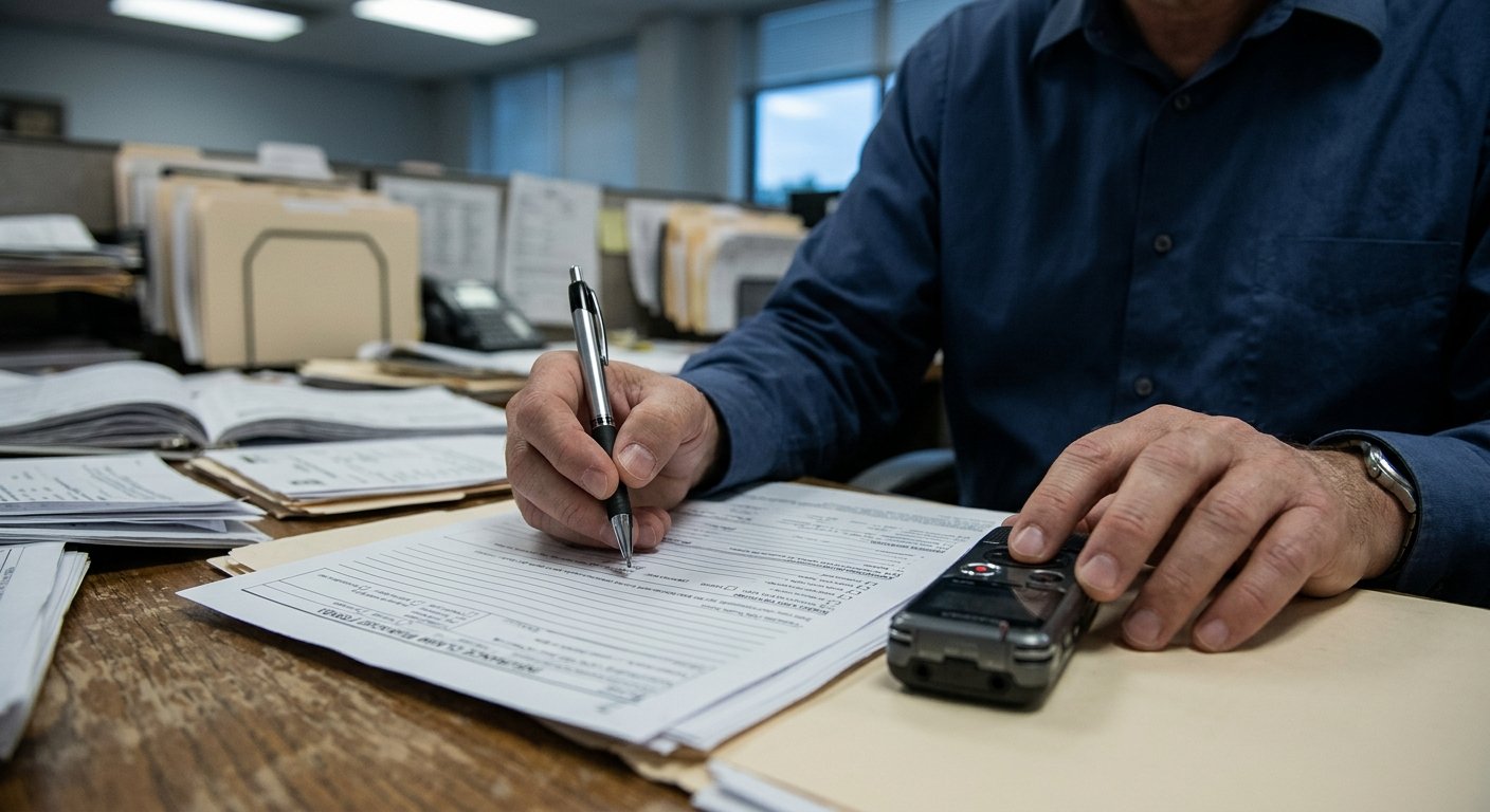 Adjuster's hands holding a pen over a claim form beside a digital voice recorder on a paperwork-covered desk