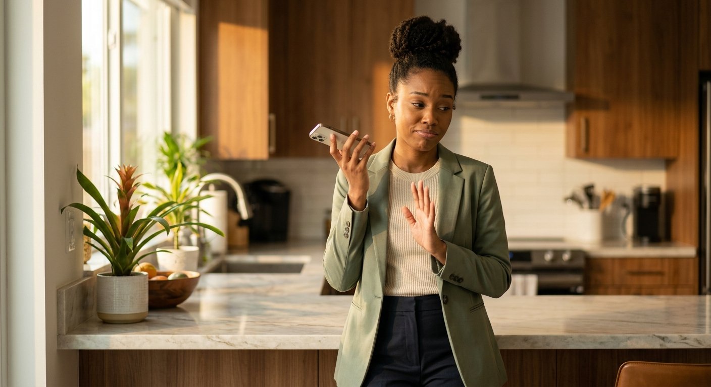 Young Black woman stands in sunlit kitchen, pulling phone from ear with a cautious, hesitant expression and raised hand.