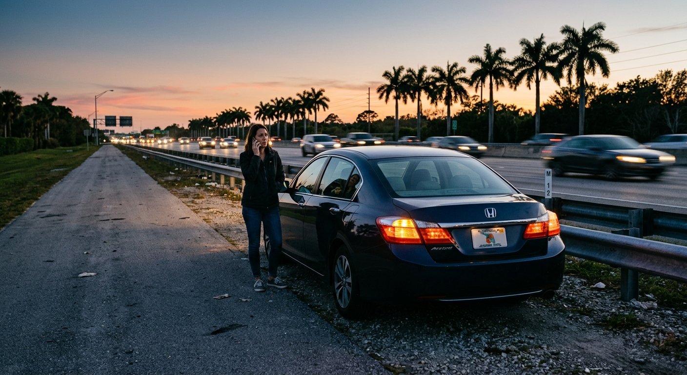 Woman standing by car on highway shoulder at dusk, hazard lights flashing, passenger visible inside, traffic passing in backg