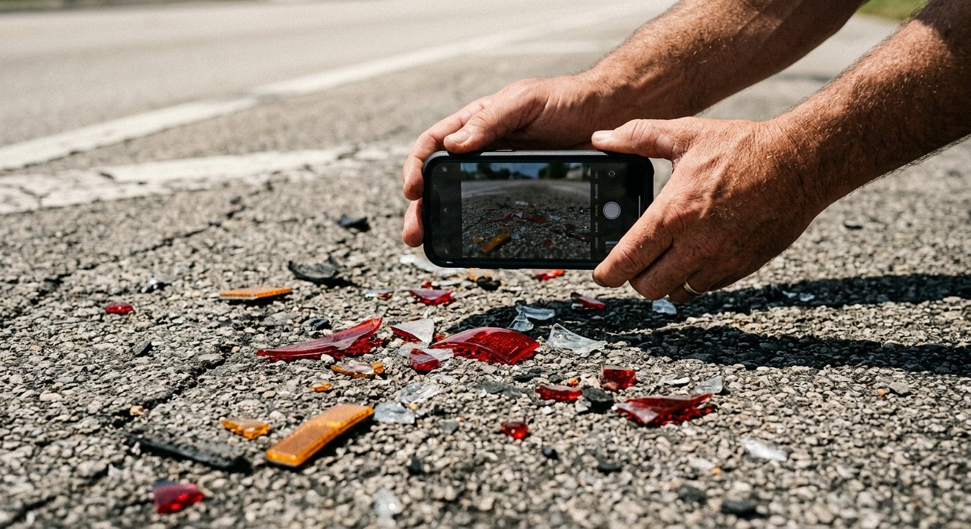 Close-up of hands holding a smartphone photographing broken taillight debris and glass shards on asphalt in bright daylight
