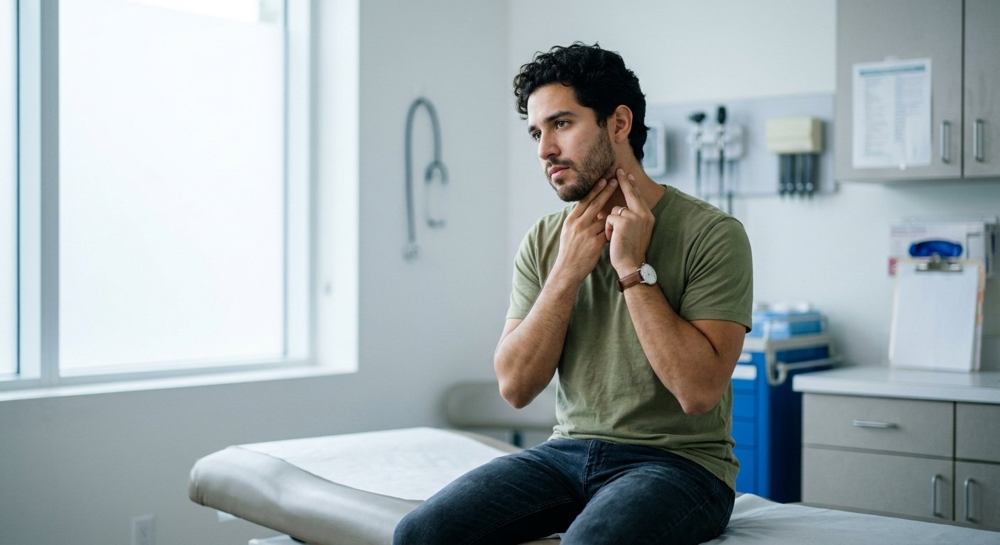 Young Hispanic man seated on exam table pressing fingers to his neck in an urgent care clinic on a bright morning