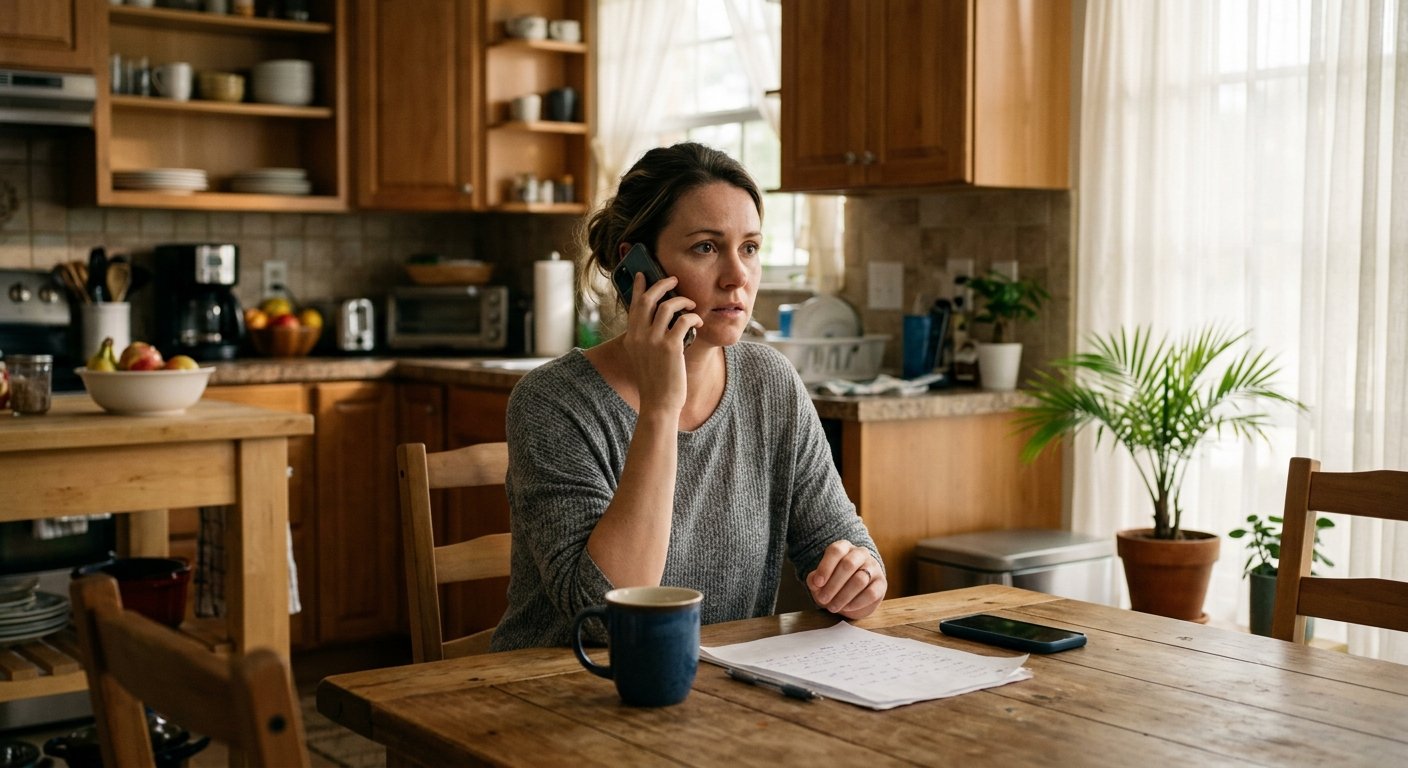 Woman sitting at kitchen table talking on phone with papers in front of her, morning light through curtains