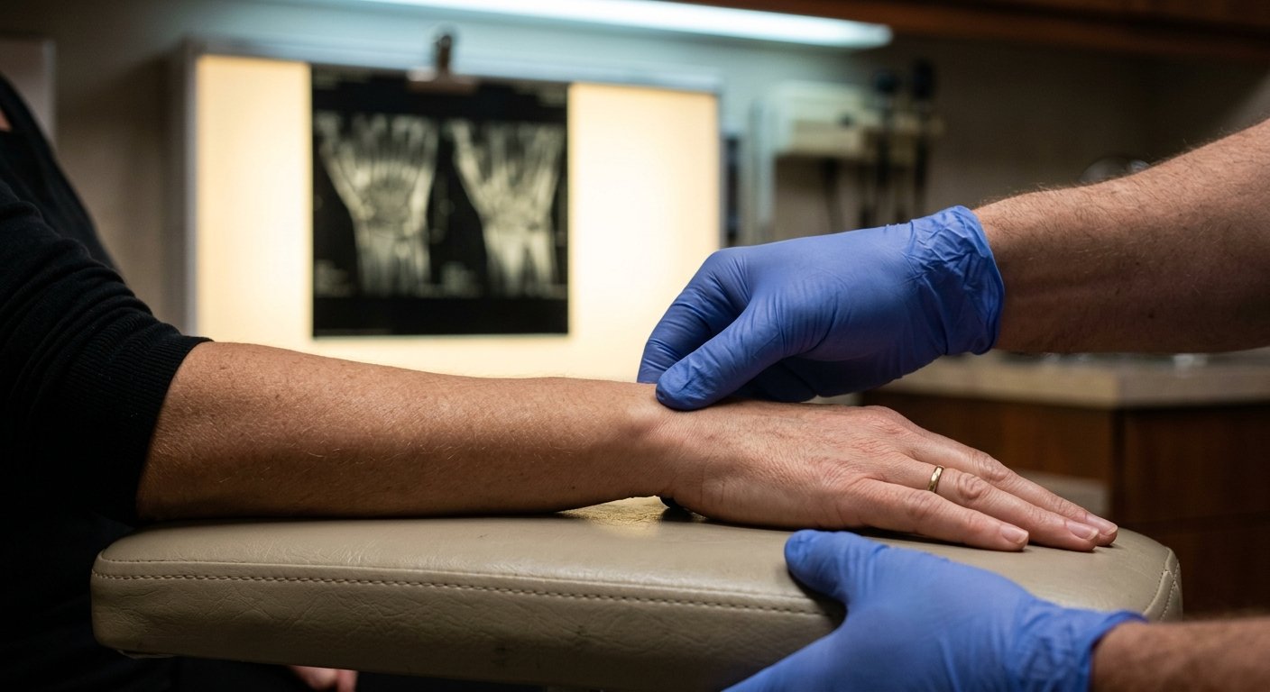 Gloved doctor's hands examining a patient's wrist on an exam table, with an MRI film glowing softly out of focus behind
