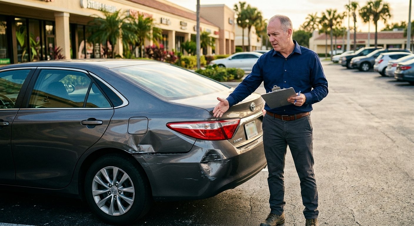 Male insurance adjuster gesturing at a damaged car bumper while reviewing a clipboard in a parking lot at dusk