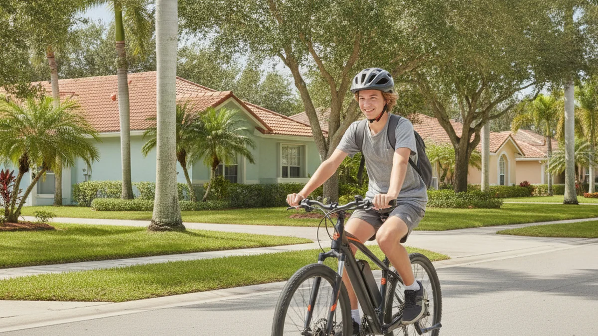 Teenager wearing a helmet riding an electric bicycle in a Florida neighborhood