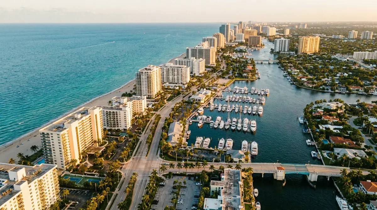 Aerial view of Fort Lauderdale beach, the Intracoastal Waterway, marinas, and the A1A coastline