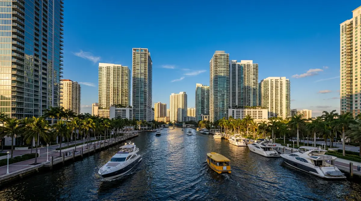 The New River winding through downtown Fort Lauderdale, lined with high-rise towers and yachts