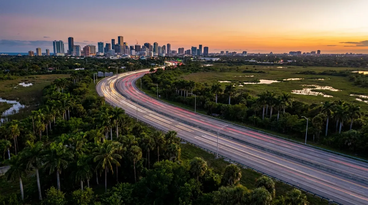 South Florida highway traffic at dusk